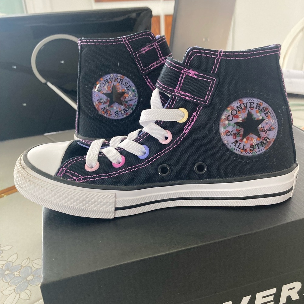 Converse Black High Top Sneakers w multi color Stitching 12 youth girl